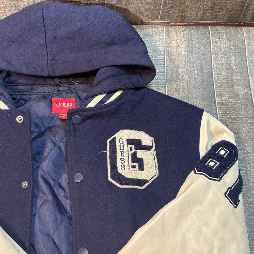 Vintage Guess Varsity‎ Jacket Size 16 Juniors Blue White Hooded Letterman G